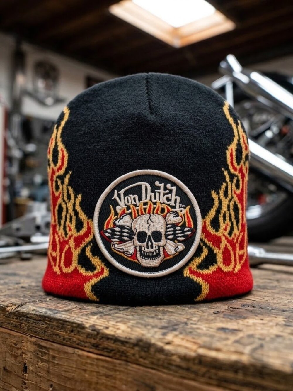 Vintage Y2K Von Dutch Skull Flames Beanie Hat Deadstock New Old Stock Black NEW